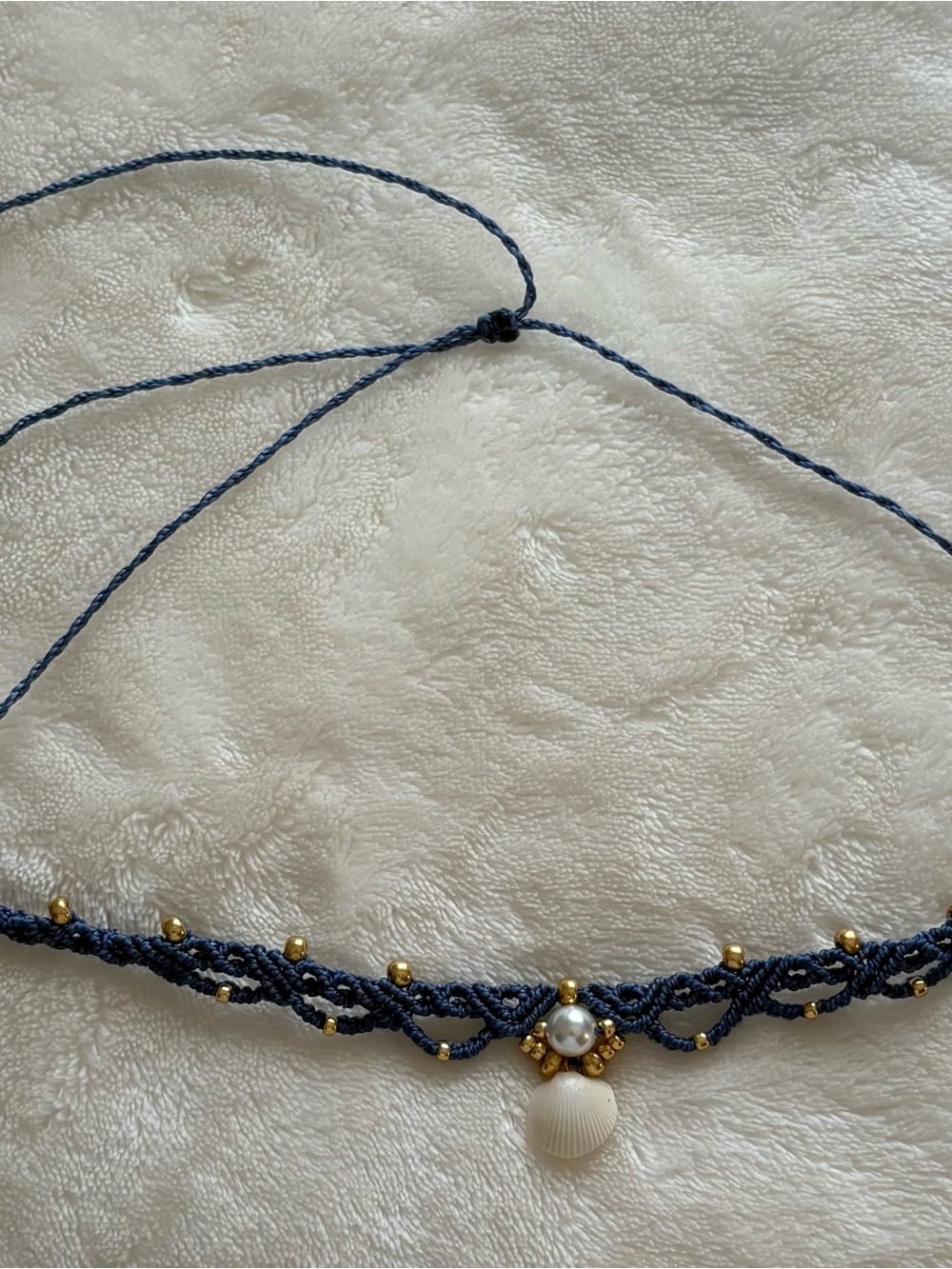 Navy Blue Macramé Necklace with Gold Beads & Natural Shell Accent